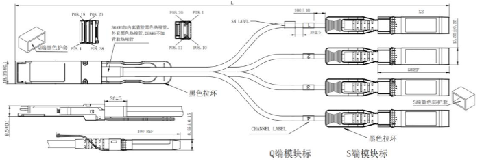 40G QSFP光模块+转4xSFP+高速电缆尺寸图 40G QSFP光模块+转4xSFP+高速电缆尺寸图
